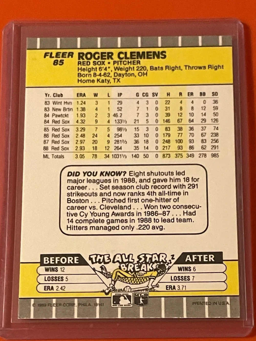 Roger Clemens #85 1989 Fleer Baseball Trading Card
